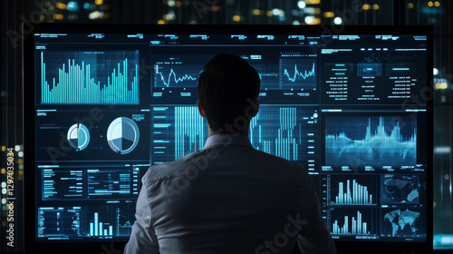 A businessman utilizes a KPI dashboard to monitor financial performance--data analytics tools track earnings, operations, and sales metrics, integrating key performance indicators for business success