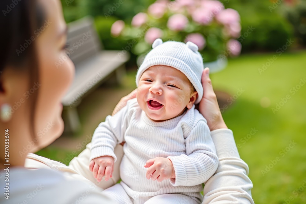 A newborn baby is held by a grandparent, wearing a tiny white hat. The background is a sunny garden with flowers, a bench, and a green lawn
