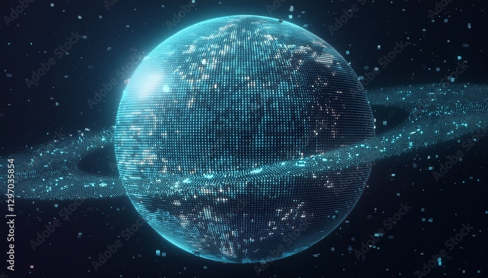 Obraz premium 거대한 행성이 픽셀처럼 해체되며 입자로 퍼지는 장면