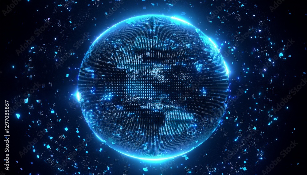 Obraz premium 거대한 행성이 픽셀처럼 해체되며 입자로 퍼지는 장면