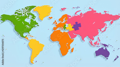 Colorful world map jigsaw puzzle with peace piece, promoting harmony