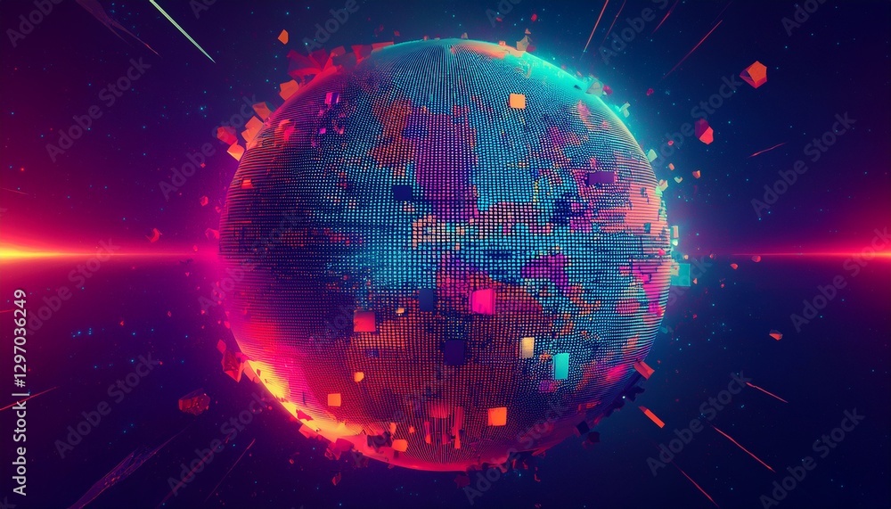 Obraz premium 거대한 행성이 픽셀처럼 해체되며 입자로 퍼지는 장면