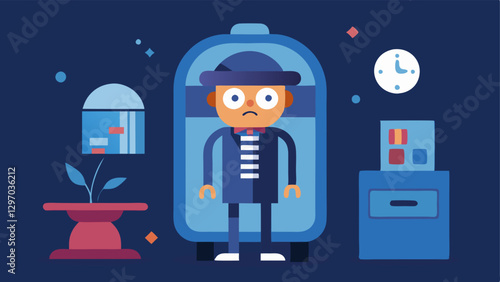 Time Machine A cartoonish time machine with a character peering inside. The inside is cluttered with emotional items like letters and photographs representing their unresolved