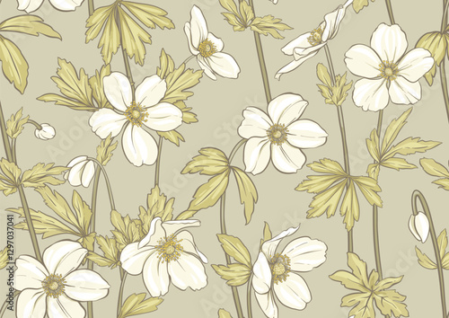 Bild auf Leinwand Forest Anemone flowers, decorative flowers and leaves Seamless pattern, background