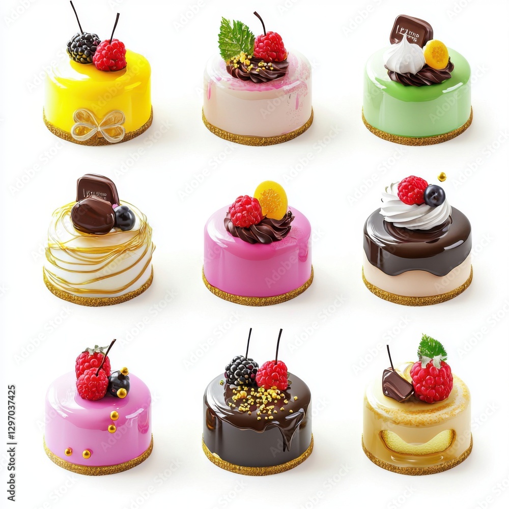 A collection of glossy 3D rendered mini cakes with vibrant mirror glaze, topped with fresh berries, chocolate swirls, and golden sprinkles, arranged neatly A collection of glossy 3D rendered mini cakes with vibrant mirror glaze, topped with fresh berries, chocolate swirls, and golden sprinkles, arranged neatly