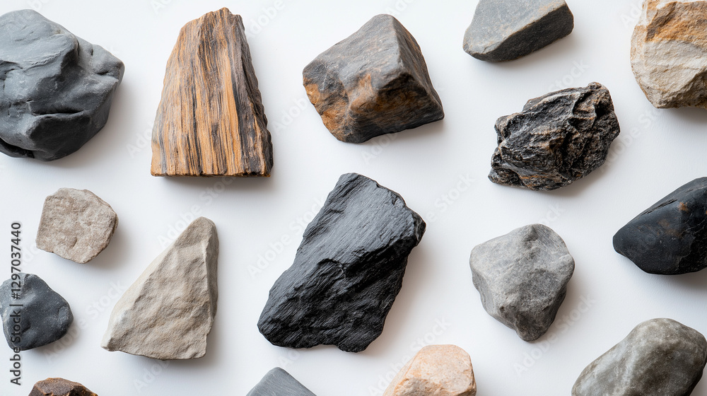 A collection of various natural rocks arranged on a white surface, highlighting their textures and natural beauty. A collection of various natural rocks arranged on a white surface, highlighting their textures and natural beauty.