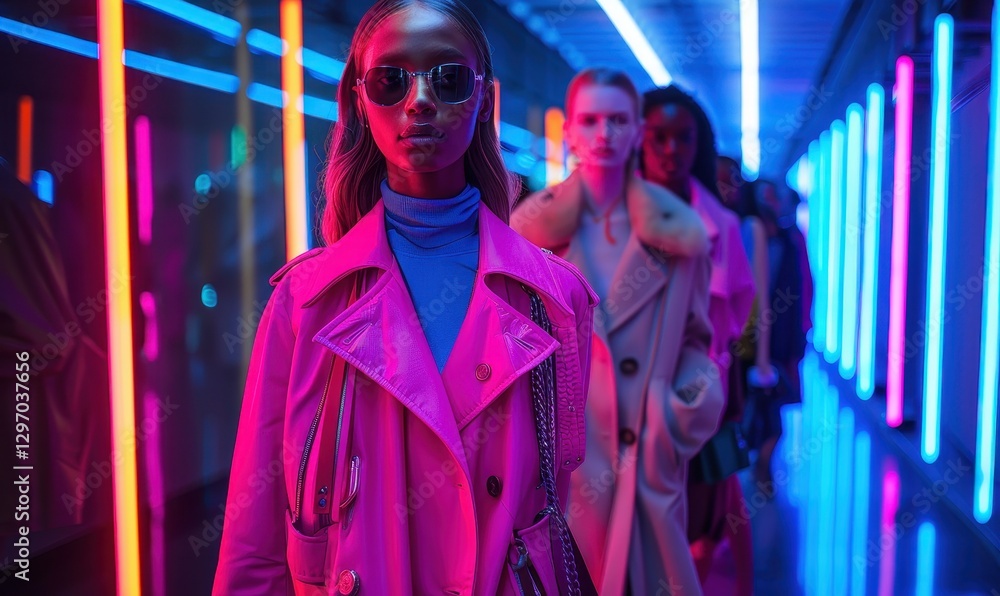 Fototapeta premium Fashionable models walking through a neon-lit corridor, showcasing chic style and attitude in vibrant and dynamic lighting.