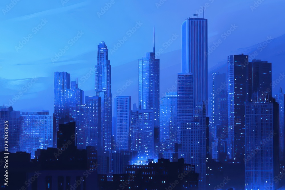 Abstract blue cityscape featuring illuminated tall buildings at night Abstract blue cityscape featuring illuminated tall buildings at night