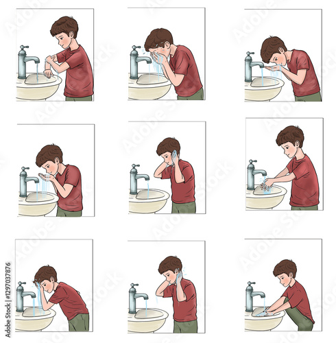 How to perform ablution before worship according to Islamic belief. Muslim child performing ablution with pictures.