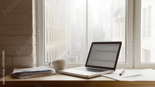 Wallpaper Mural Minimalist workspace with a laptop and coffee near a large window. Torontodigital.ca