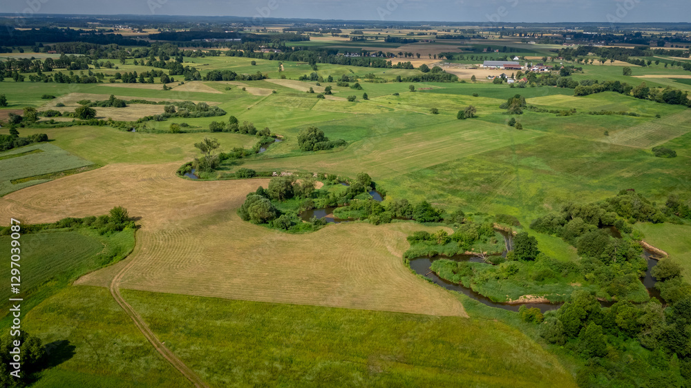 meanders of the Prosna River, river meanders in fields and meadows on a beautiful summer day in the morning. Green meadows. landscape aerial view from drone. chiaroscuro visible on the ground. meanders of the Prosna River, river meanders in fields and meadows on a beautiful summer day in the morning. Green meadows. landscape aerial view from drone. chiaroscuro visible on the ground.