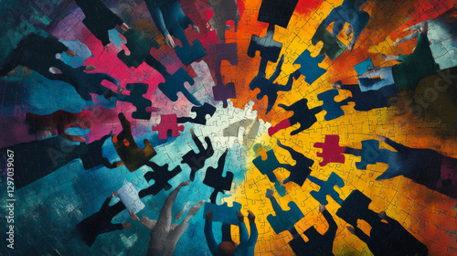 Teamwork in action--business professionals form a circle, assembling puzzle pieces to foster group problem-solving, strategic integration