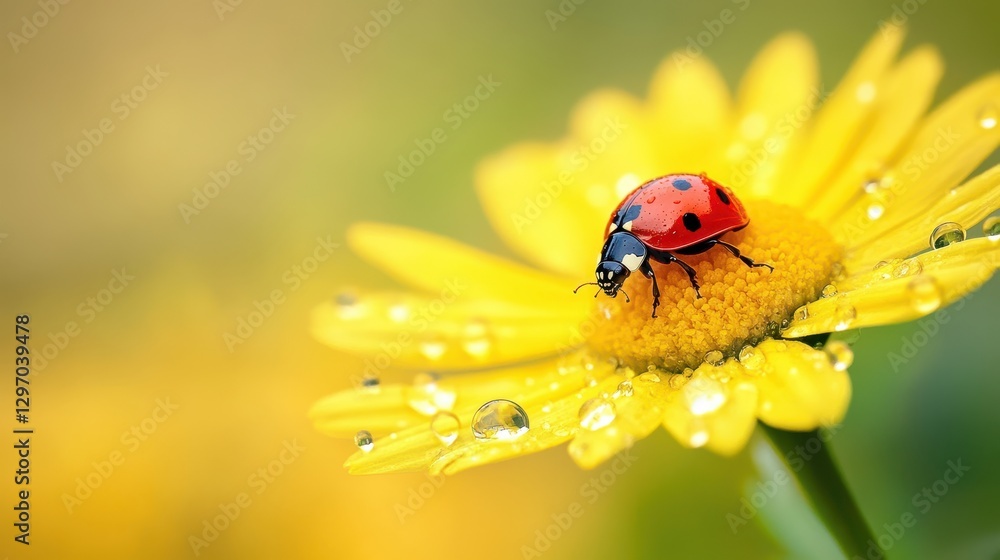 A vibrant red ladybug perched on a bright yellow daisy covered in dew, creating a cheerful springtime scene. A vibrant red ladybug perched on a bright yellow daisy covered in dew, creating a cheerful springtime scene.