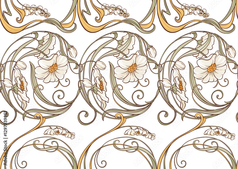 Decorative flowers and leaves in art nouveau style, vintage, old, retro style. Seamless pattern, background. Vector illustration. In art nouveau style, vintage, old, retro style. Decorative flowers and leaves in art nouveau style, vintage, old, retro style. Seamless pattern, background. Vector illustration. In art nouveau style, vintage, old, retro style.