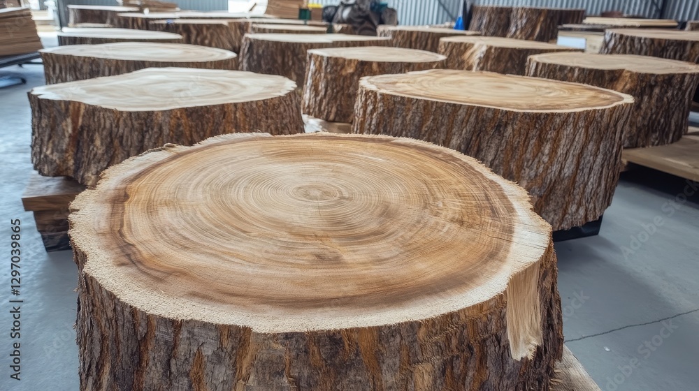 Fototapeta premium Close-up of beautifully cut timber logs showcasing intricate wood grain patterns in a workshop.