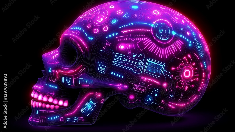 Neon skull with circuit design, digital art, 3D model, glowing effect, for tech background Neon skull with circuit design, digital art, 3D model, glowing effect, for tech background