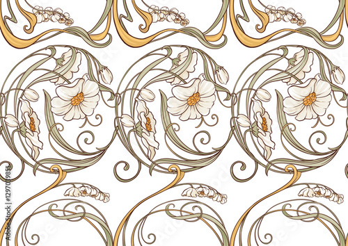 Decorative flowers and leaves in art nouveau style, vintage, old, retro style. Seamless pattern, background. Vector illustration. In art nouveau style, vintage, old, retro style.