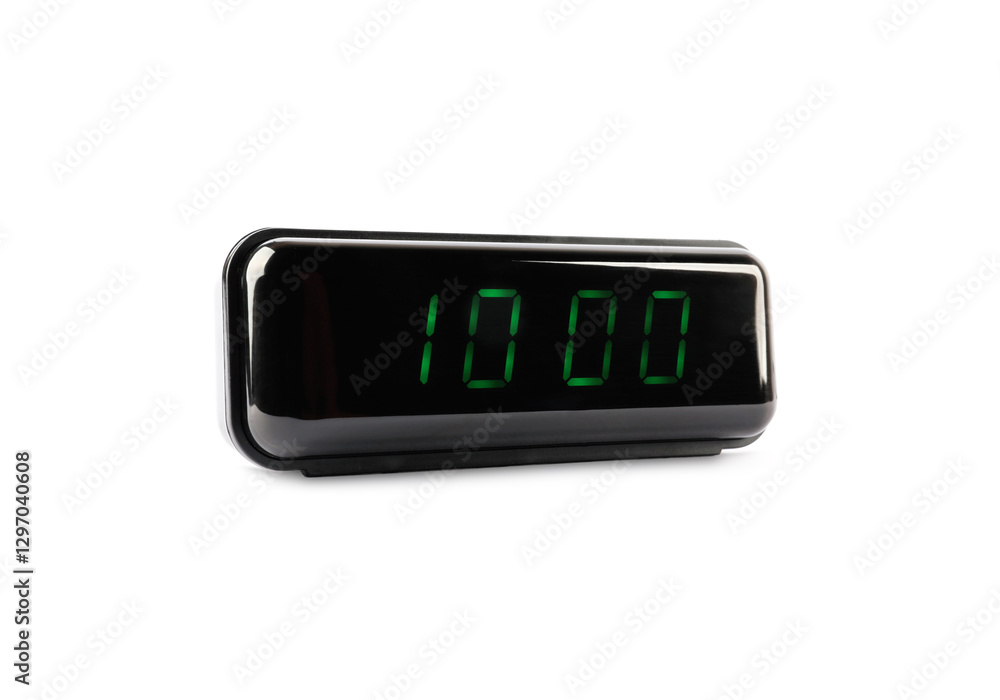 Digital alarm clock showing 10:00 o'clock on white background Digital alarm clock showing 10:00 o'clock on white background