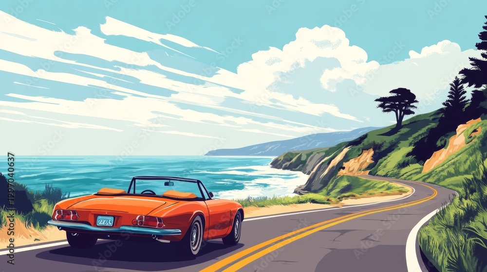 Fototapeta premium Coastal Road Trip in a Classic Convertible