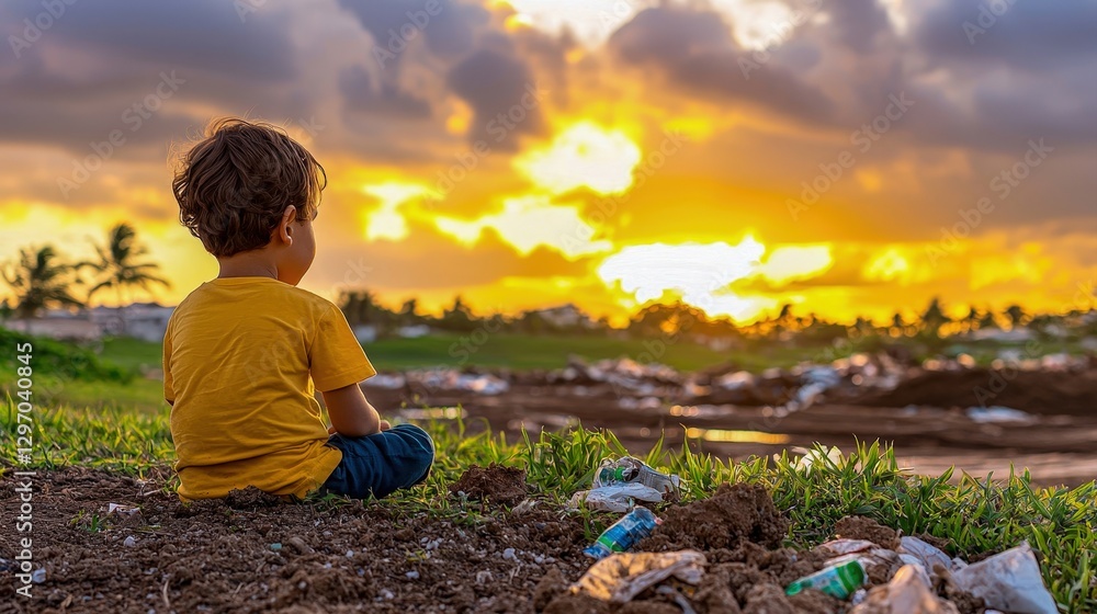 Fototapeta premium Pollution and waste management for health, A child sits on the ground, gazing at a vibrant sunset, surrounded by litter, highlighting the contrast between nature's beauty and environmental issues.
