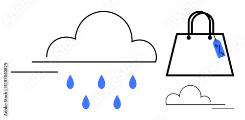 Two clouds with raindrops and a shopping bag with a price tag. Ideal for shopping, weather, e-commerce, consumer behavior, seasons, retail marketing, and sales strategy. Abstract line flat metaphor