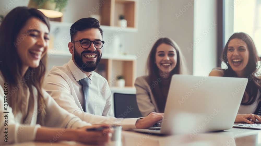 smiling business colleagues gathered around laptop during meeting in modern office environment cheerful mood concept of corporate teamwork marketing smiling business colleagues gathered around laptop during meeting in modern office environment cheerful mood concept of corporate teamwork marketing