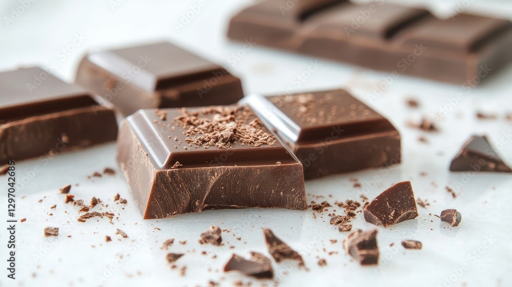 Rich dark chocolate pieces scattered on a light surface, showcasing their glossy texture and tempting aroma. Rich dark chocolate pieces scattered on a light surface, showcasing their glossy texture and tempting aroma.