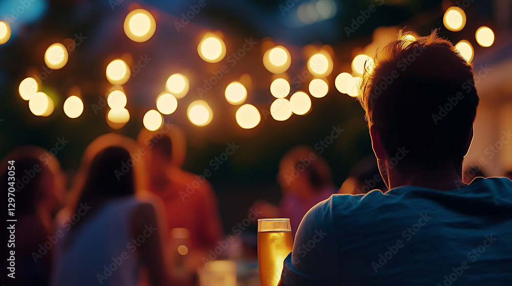 Fototapeta premium A person standing alone at an outdoor evening party with blurred glowing string lights and a group of people in the background.
