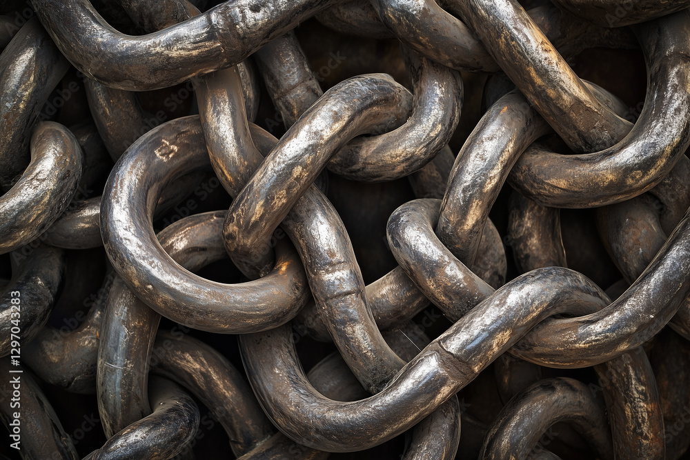Intricate black metal chains arranged in spiral create captivating visual composition. Generative AI Intricate black metal chains arranged in spiral create captivating visual composition. Generative AI