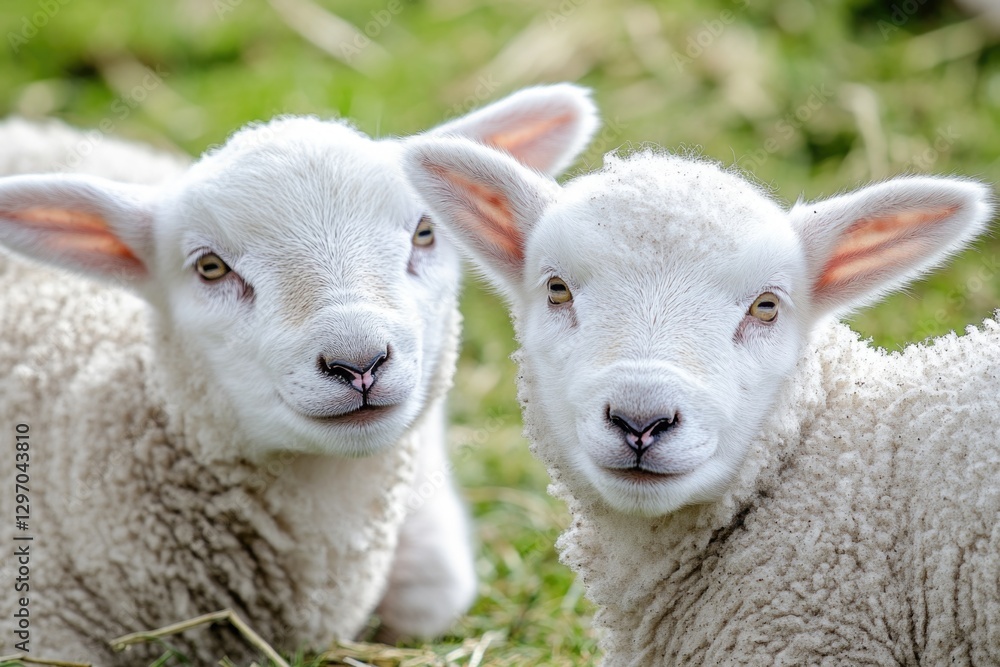 Two young lambs standing together in a lush green meadow, possibly on a farm or ranch Two young lambs standing together in a lush green meadow, possibly on a farm or ranch