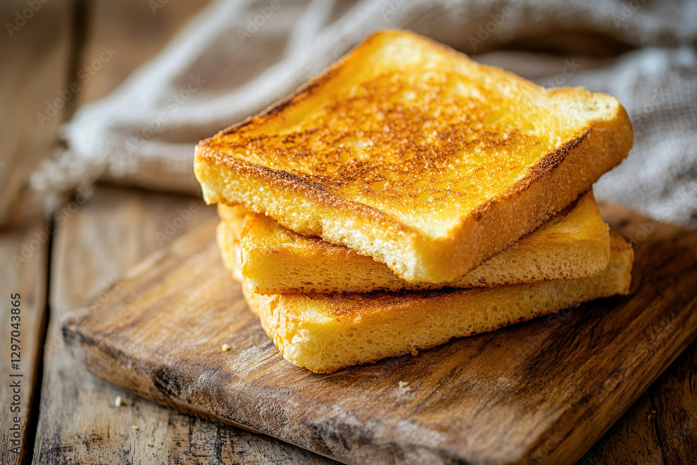 Stack of Buttered Toast on Wooden Board Stack of Buttered Toast on Wooden Board