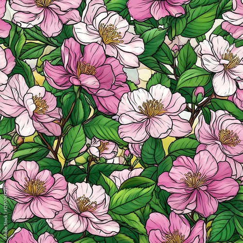 Vibrant Floral Pattern with Blooming Pink and White Flowers and Lush Green Foliage