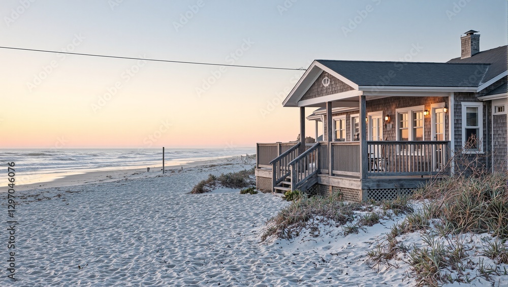 Fototapeta premium Tranquil beachfront cottage with spacious verandas white sandy shores and a serene sunset backdrop