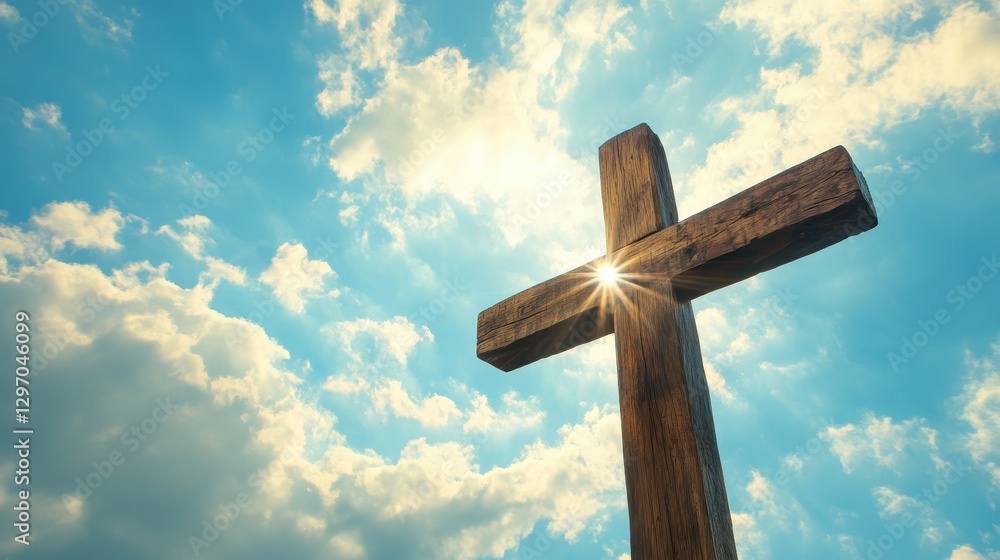 A dramatic wooden cross against a bright blue sky, illuminated by sunlight streaming through the clouds. A dramatic wooden cross against a bright blue sky, illuminated by sunlight streaming through the clouds.