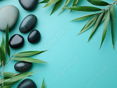 Spa stones, bamboo leaves, turquoise background