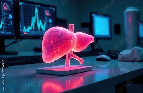 Human hepatic, transparent luminous 3D model on the table	
