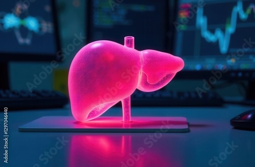 Human hepatic, transparent luminous 3D model on the table	