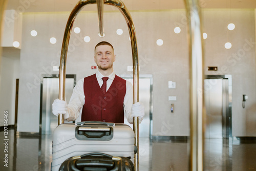 Fotografija Smiling young adult Caucasian bellboy in uniform and wearing white gloves pushin