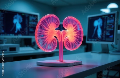 Human kidney, transparent luminous 3D model on the table: Nephos