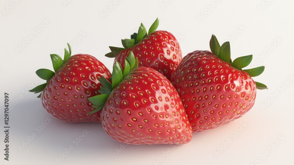 A crisp close-up of juicy strawberries floating on a white background, with soft shadows creating a sense of depth and realism. A crisp close-up of juicy strawberries floating on a white background, with soft shadows creating a sense of depth and realism.
