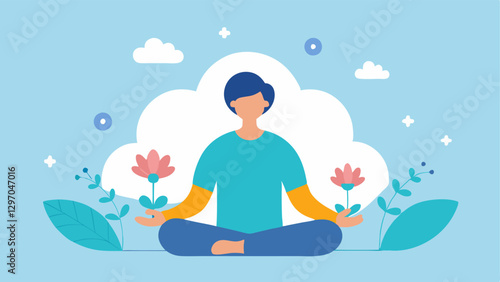 Visualization Techniques A person sitting crosslegged in meditation surrounded by calming imagery like clouds flowers or waves indicating the practice of visualization in therapy.