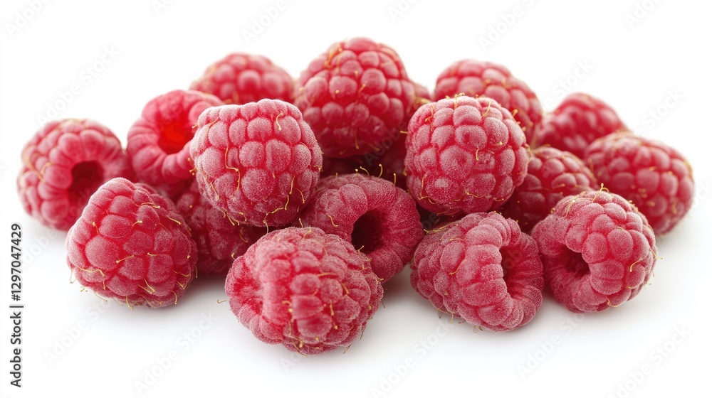 A group of plump raspberries floating on a white background, highlighting their rich red hue and delicate texture. A group of plump raspberries floating on a white background, highlighting their rich red hue and delicate texture.