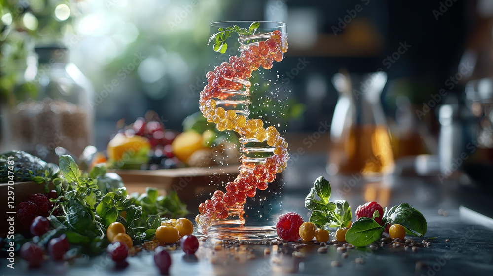 DNA strands merge with vibrant foods in a modern clinic as a nutritionist discusses personalized meal plans based on genetic data