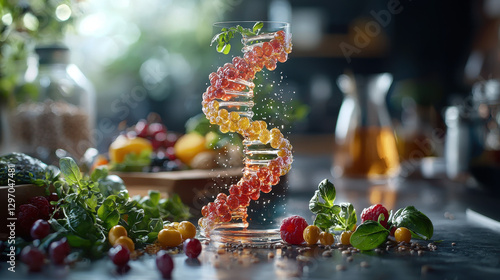 Obraz na płótnie DNA strands merge with vibrant foods in a modern clinic as a nutritionist discusses personalized meal plans based on genetic data w salonie