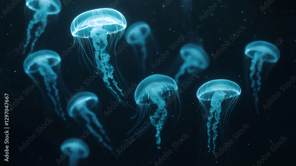 Swarm of Bioluminescent Jellyfish Drifting in the Dark Ocean Depths Swarm of Bioluminescent Jellyfish Drifting in the Dark Ocean Depths
