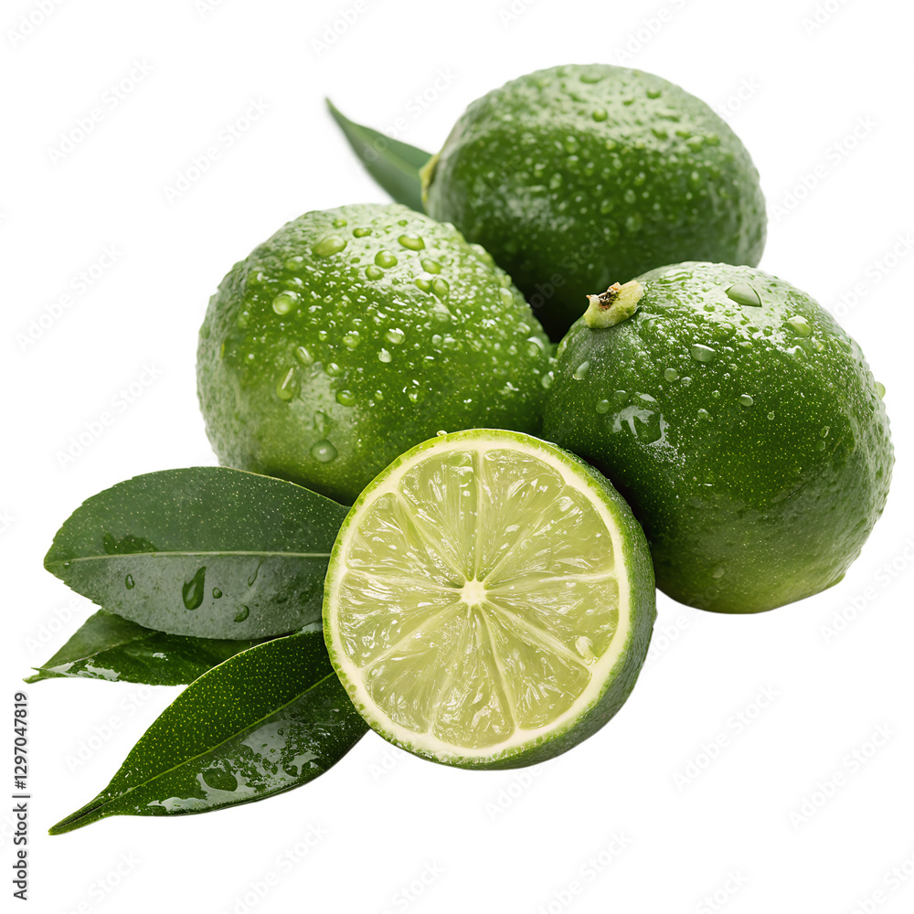 Fresh Green Limes with Sliced Halves on White Background Fresh Green Limes with Sliced Halves on White Background