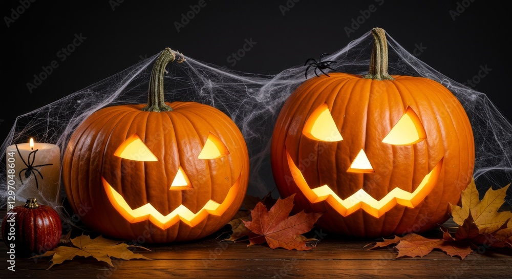 Autumn Halloween Pumpkins with Spiderwebs - Lit Jack-o'-lanterns, spiderwebs, autumn leaves, candle, and small pumpkin create a festive Halloween scene. Symbolizing autumn, Halloween, harvest Autumn Halloween Pumpkins with Spiderwebs - Lit Jack-o'-lanterns, spiderwebs, autumn leaves, candle, and small pumpkin create a festive Halloween scene. Symbolizing autumn, Halloween, harvest