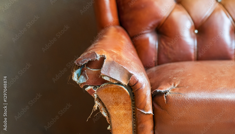 Obraz premium Old torn leather armchair. Distressed vintage home furniture.