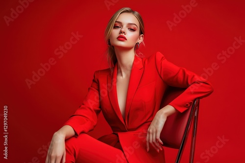 Red-suited woman posing, red backdrop, chair, confident