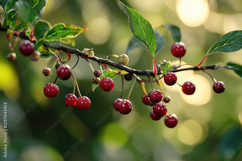 Close-up shot of ripe cherries growing on a tree branch